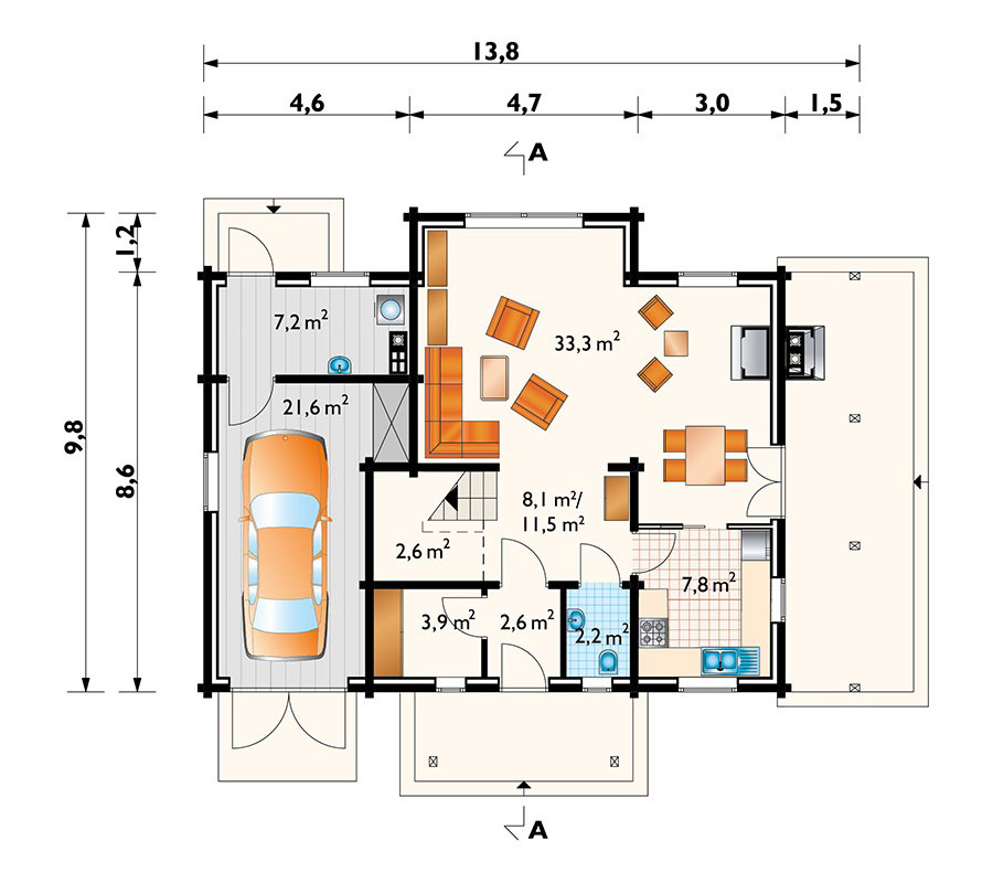 Log Home Plan with 3 Bedrooms and 2-Sided Fireplace