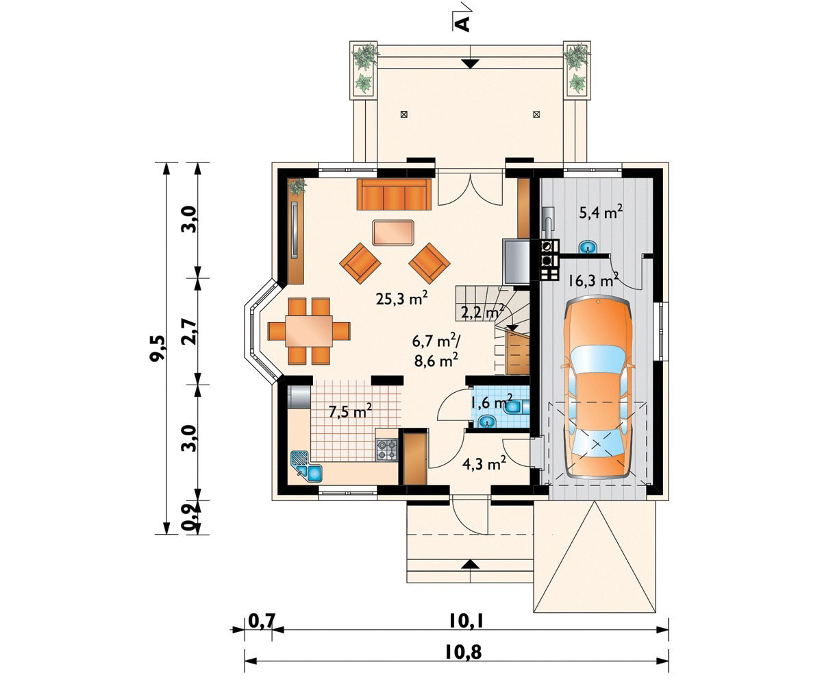 European 2-Story House Plan with 2 Balconies and 3 Bedrooms