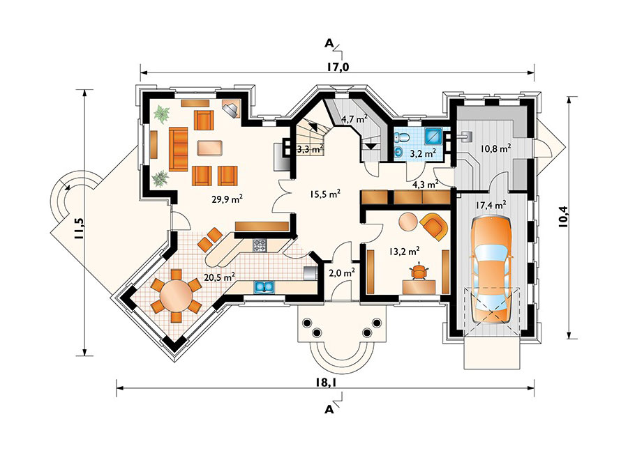 Castle House Plan with Portico, Home Office and 1-Car Garage - 58410R - 3