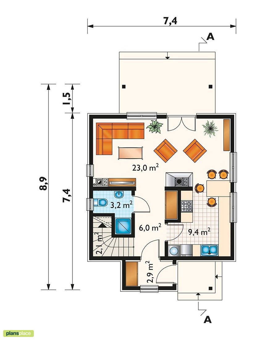 1000 Sq Ft Gable Roof House Plan with 2 Bedrooms and 2 Baths
