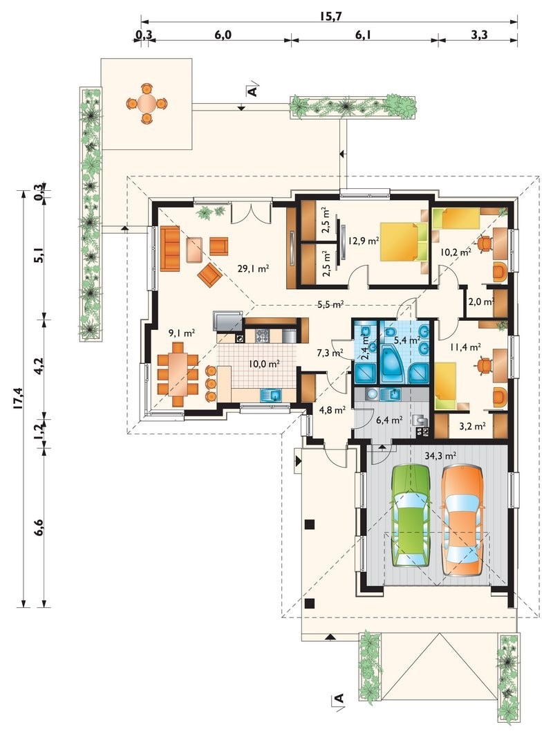 3-Bedroom, Single Level L-shaped House Plan with 2-Car Garage - 40291R - 3