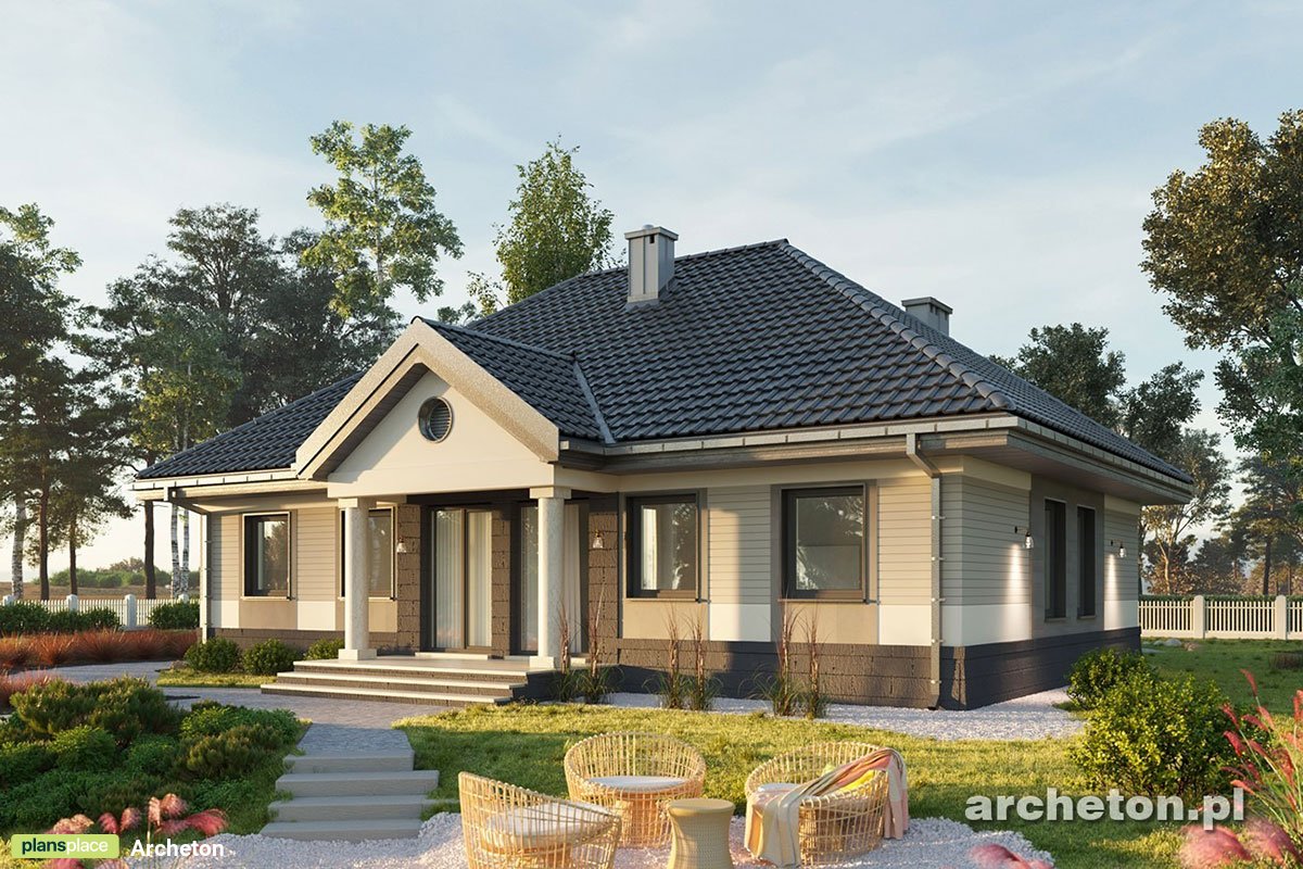 1200 Sq Ft Hip Roof Cottage House Plan with Fireplace