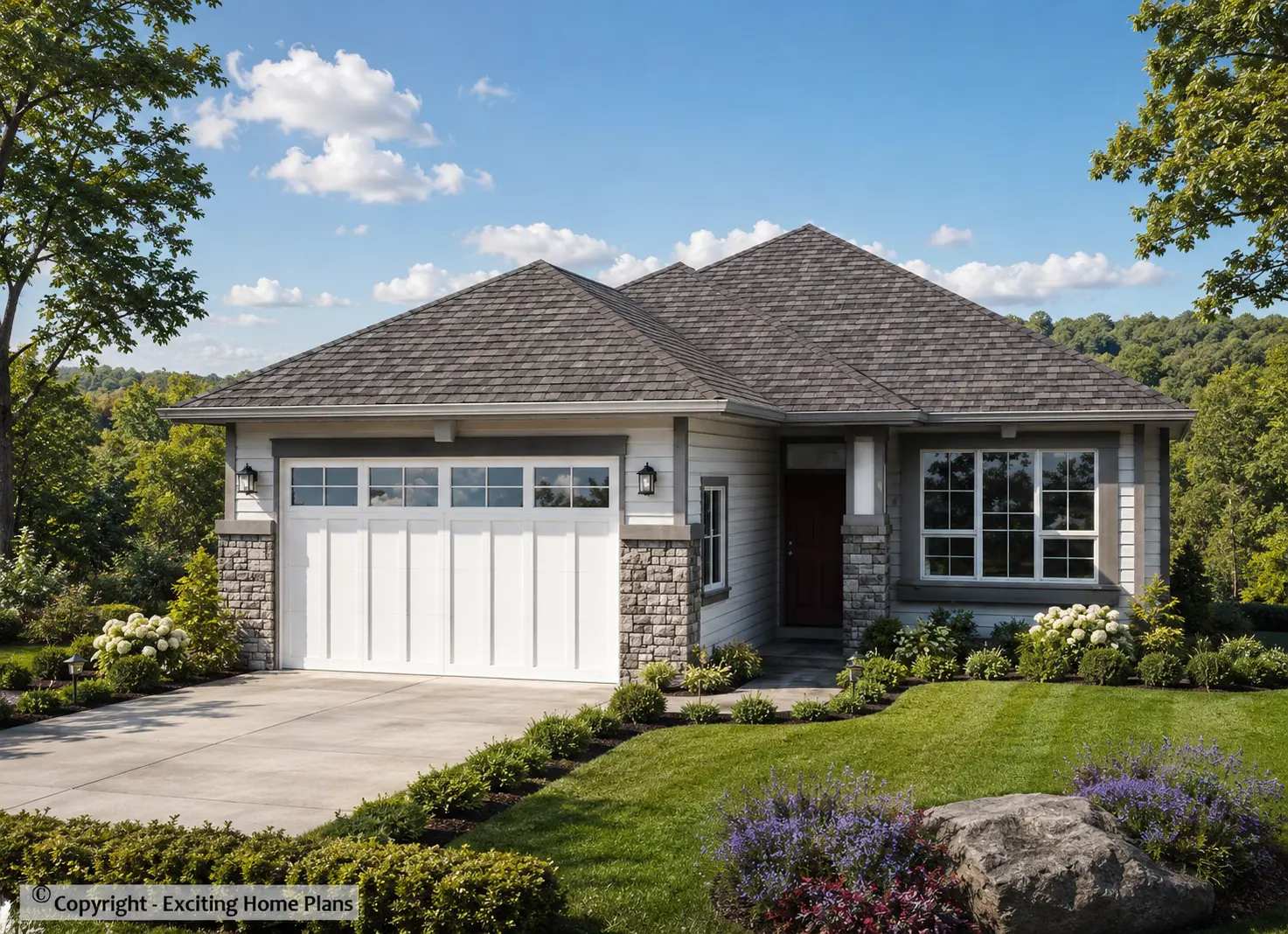 1-Story House Plan with Basement 1557 ft²: 4 Beds, Home Office, 2.5 Baths, Open Floor Plan, 2-Car Garage
