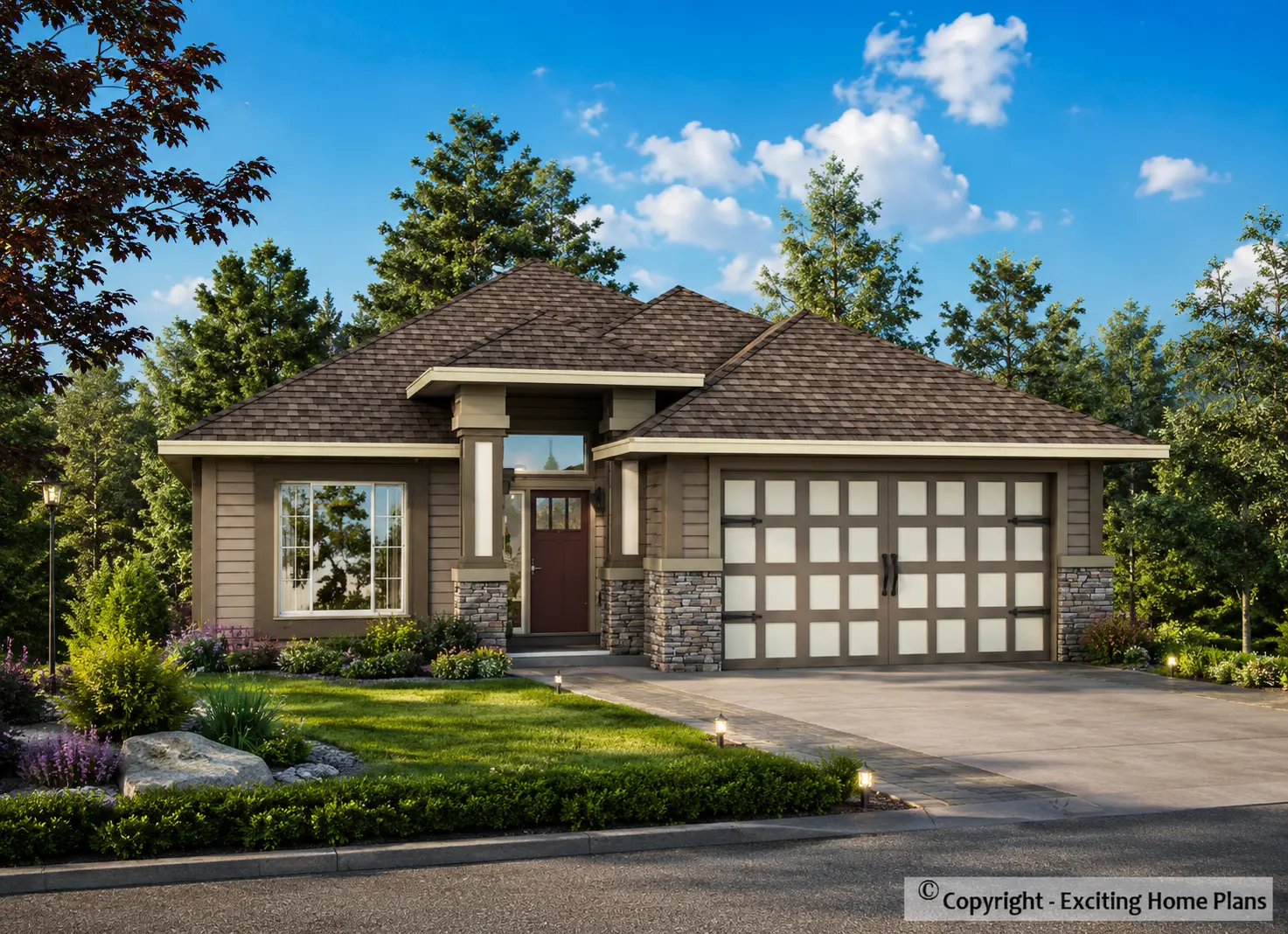 1-Story House Plan with Basement 1669 ft²: 4 Beds, Home Office, 3 Baths, Open Floor Plan, 2-Car Garage