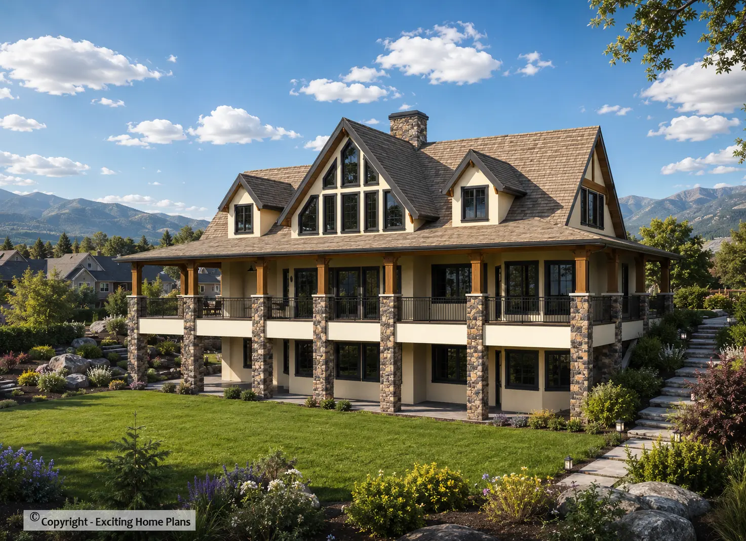 1.5-Story House Plan with Basement 5457 ft²: 4 Beds, Home Office, 4.5 Baths, Open Floor Plan, 3-Car Garage