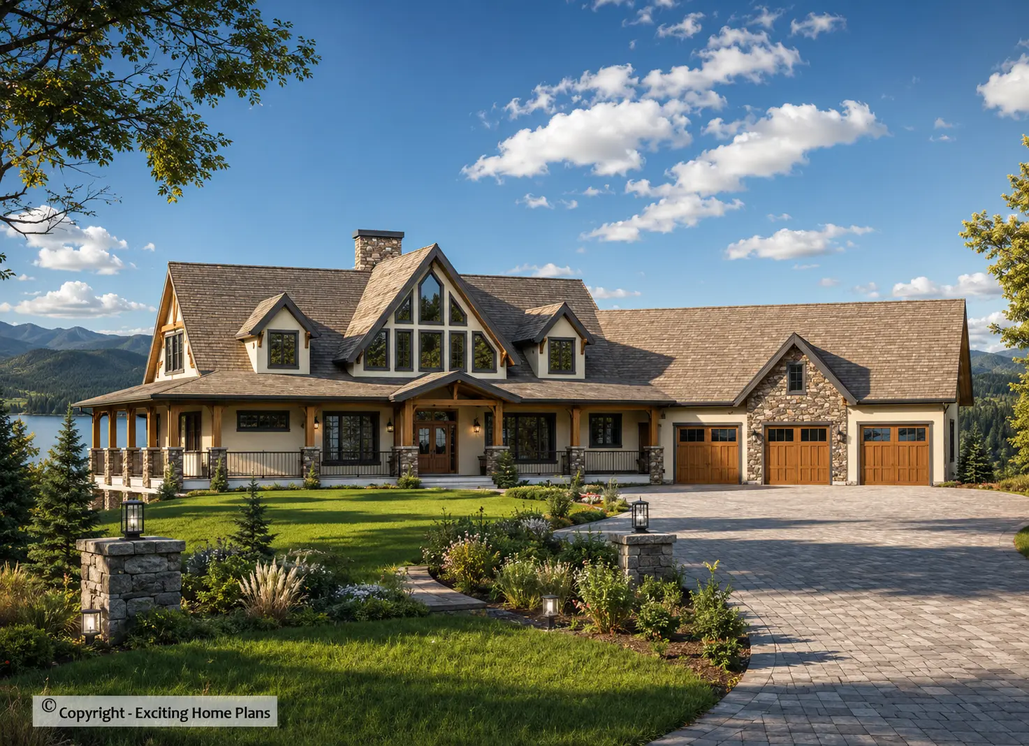 1.5-Story House Plan with Basement 5457 ft²: 4 Beds, Home Office, 4.5 Baths, Open Floor Plan, 3-Car Garage