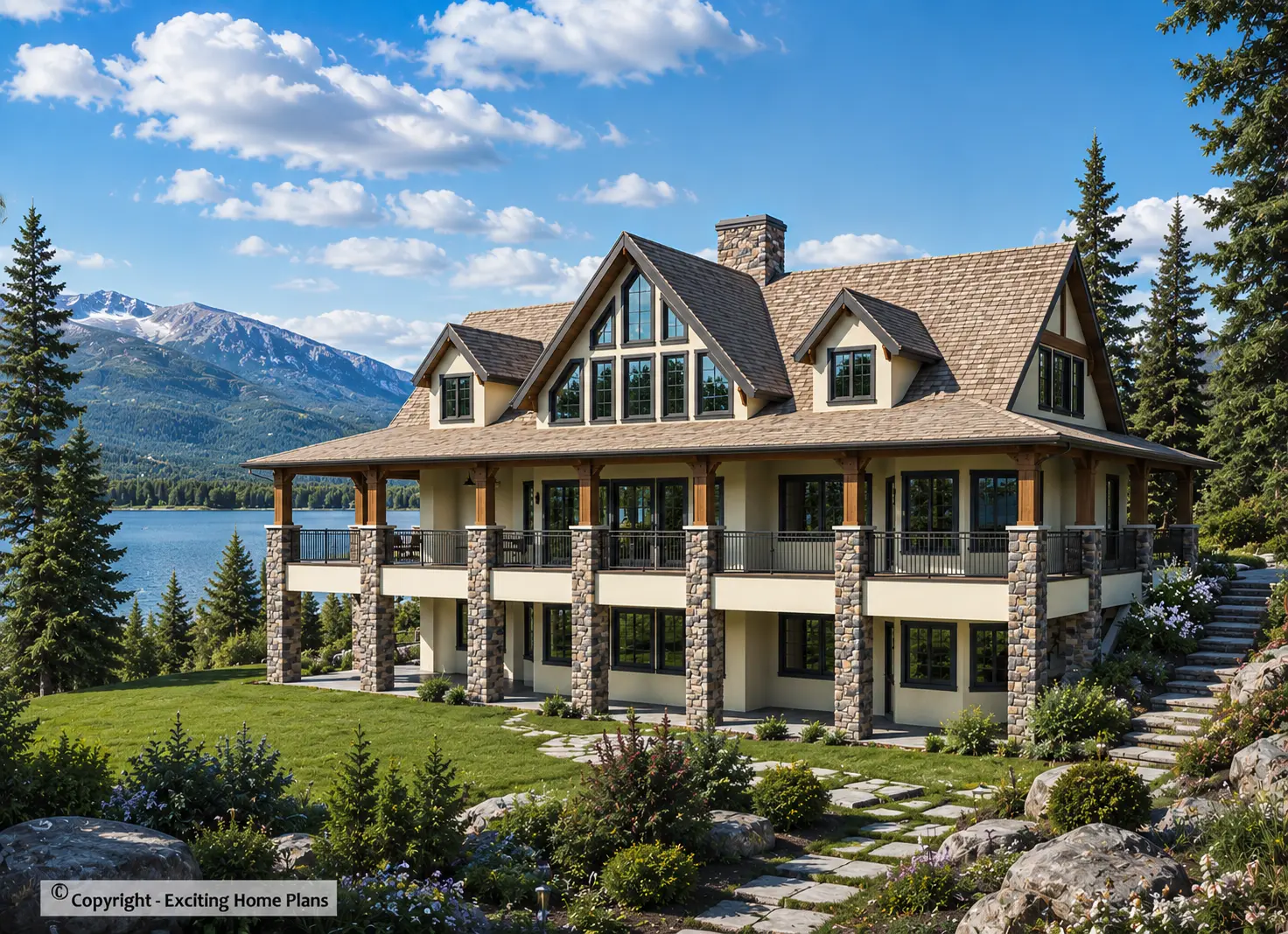 1.5-Story House Plan with Basement 5457 ft²: 4 Beds, Home Office, 4.5 Baths, Open Floor Plan, 3-Car Garage