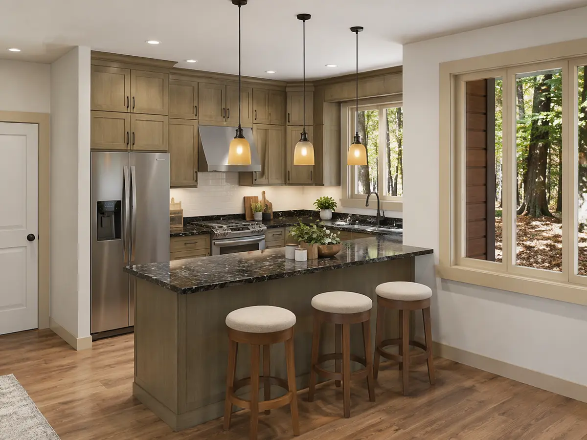 House Plan: 1588 ft², 1 Story + Basement, 4 Beds, Home Office, 3 Baths, Open Floor Plan, 2-Car Garage