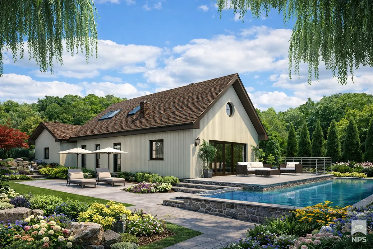 House Plan: 1104 ft², 1.5 Stories, 2 Beds, Home Office, 2 Baths, Open Floor Plan, 1-Car Garage