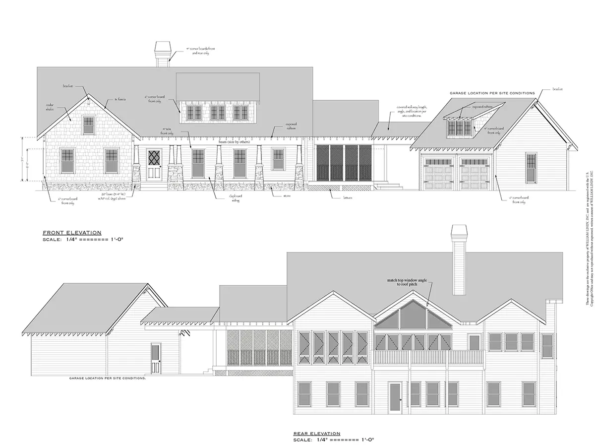 Exterior Elevations 5 – 1-Story House Plan with Basement 2109 ft²: 4 Beds, Home Office, 4 Baths, Open Floor Plan, 2-Car Garage — 48796R