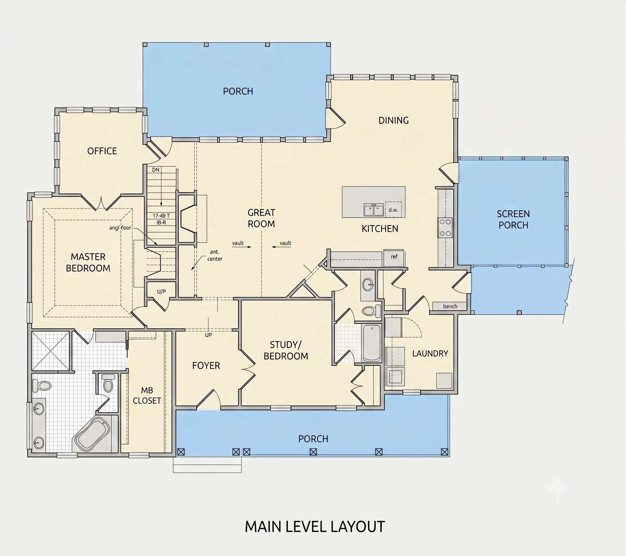 Main Floor 10 – 1-Story House Plan with Basement 2109 ft²: 4 Beds, Home Office, 4 Baths, Open Floor Plan, 2-Car Garage — 48796R