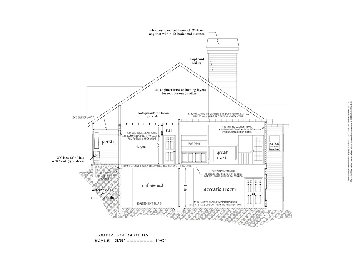 Exterior Elevations 7 – 1-Story House Plan with Basement 2109 ft²: 4 Beds, Home Office, 4 Baths, Open Floor Plan, 2-Car Garage — 48796R