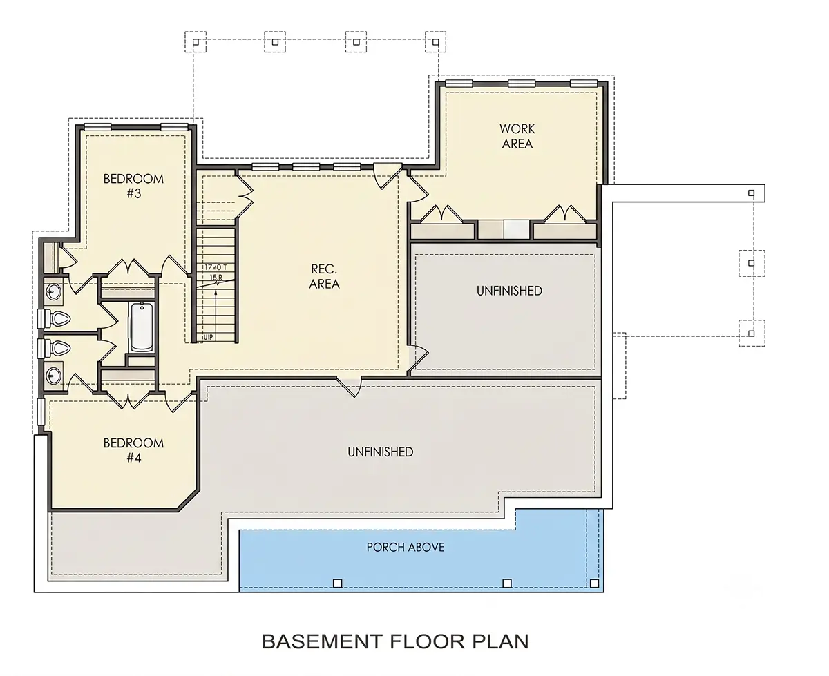 Basement 9 – 1-Story House Plan with Basement 2109 ft²: 4 Beds, Home Office, 4 Baths, Open Floor Plan, 2-Car Garage — 48796R