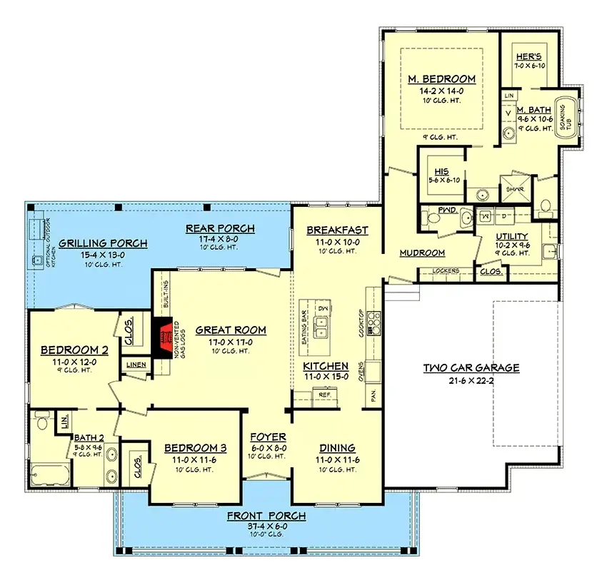 Main Floor 12 – 1-Story House Plan 1993 ft²: 3 Beds, 2.5 Baths, Open Floor Plan, 2-Car Garage — 49216R