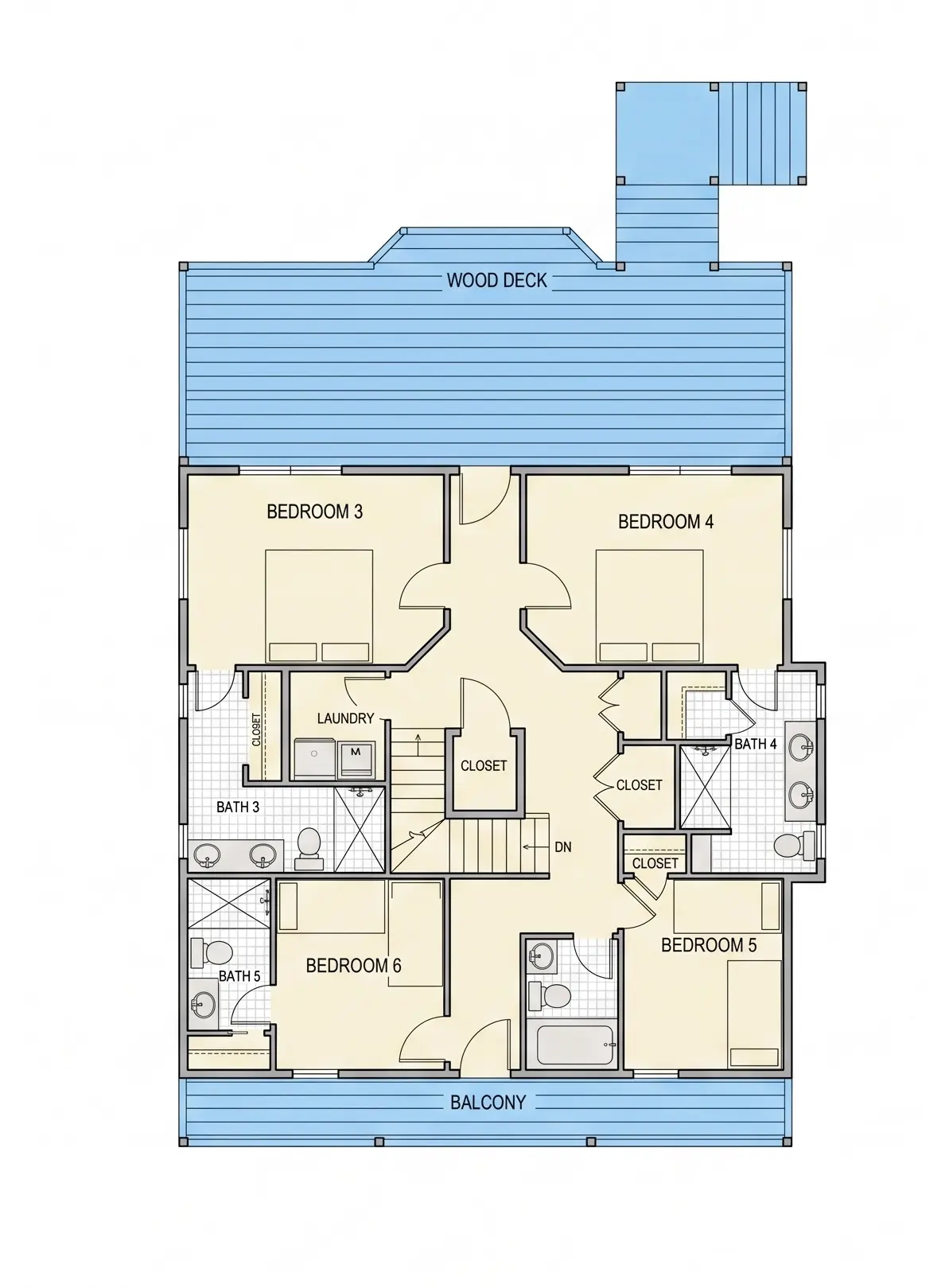 Second Floor 8 – 3-Story House Plan 2624 ft²: 6 Beds, 5.5 Baths, Open Floor Plan, 4-Car Garage — 53825R