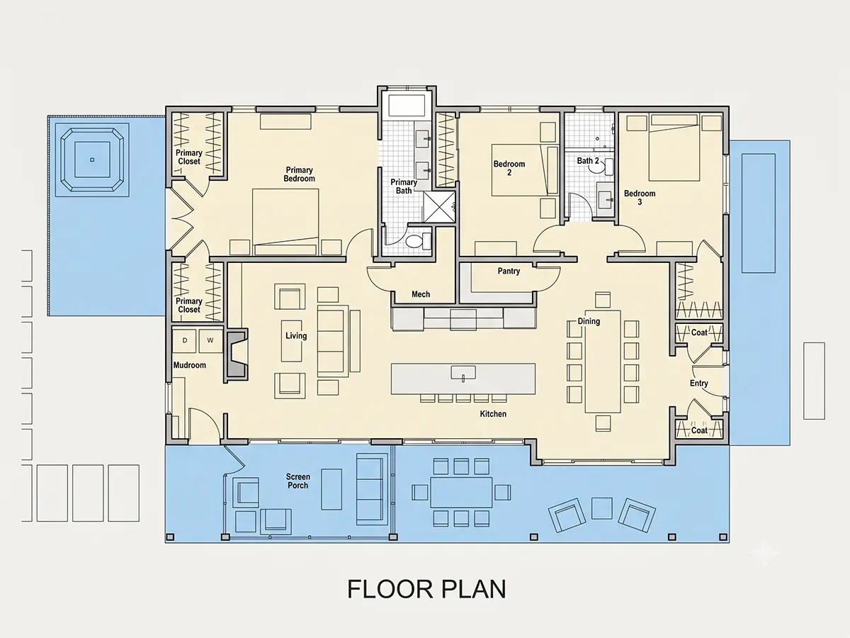 Main Floor 12 – 1-Story House Plan 1862 ft²: 3 Beds, 2 Baths, Open Floor Plan, without Garage — 21419R