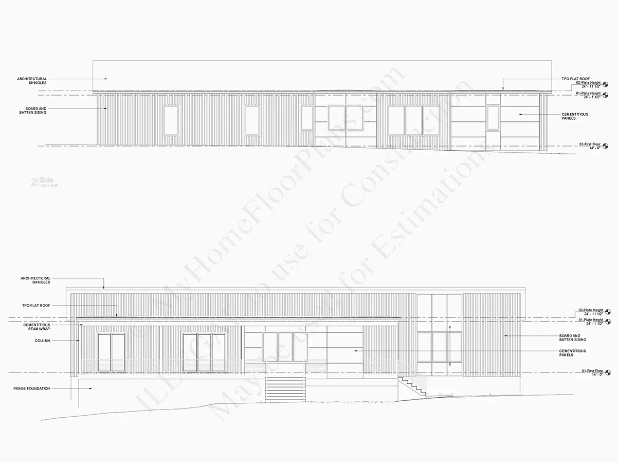 Exterior Elevations 7 – 1-Story House Plan 2112 ft²: 4 Beds, Home Office, 4 Baths, Open Floor Plan, without Garage — 31176R