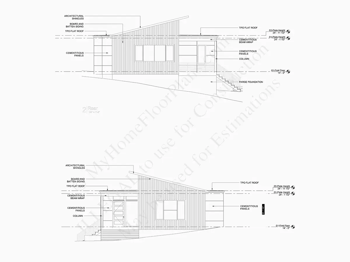 Exterior Elevations 6 – 1-Story House Plan 2112 ft²: 4 Beds, Home Office, 4 Baths, Open Floor Plan, without Garage — 31176R