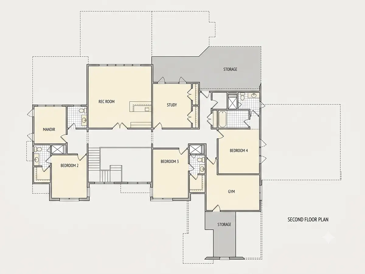 Second Floor 10 – 2-Story House Plan 6261 ft²: 4 Beds, Home Office, 5.5 Baths, Open Floor Plan, 4-Car Garage — 93555R