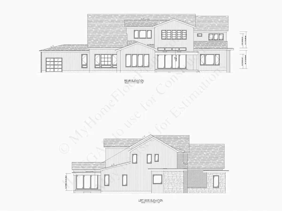 Exterior Elevations 8 – 2-Story House Plan 6261 ft²: 4 Beds, Home Office, 5.5 Baths, Open Floor Plan, 4-Car Garage — 93555R