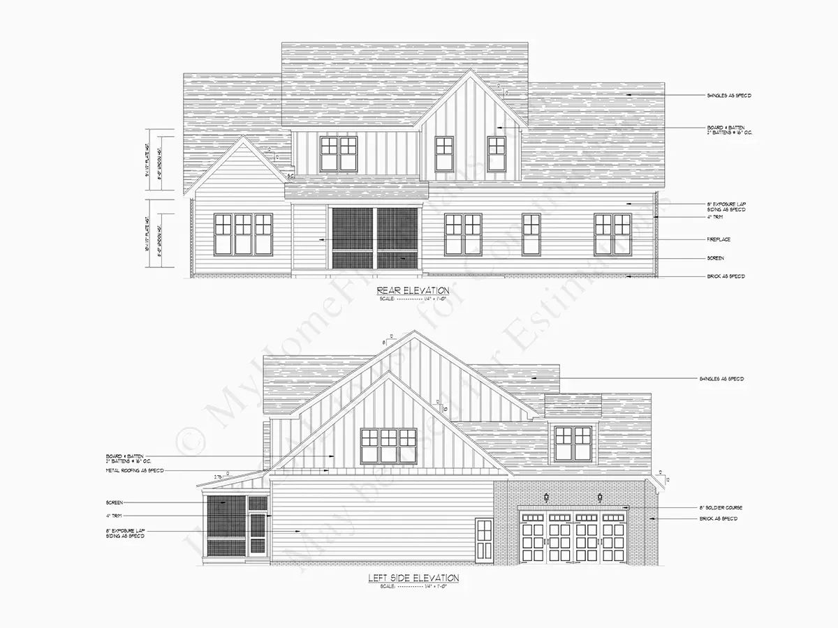 Exterior Elevations 2 – 1.5-Story House Plan 4446 ft²: 4 Beds, Home Office, 4 Baths, Open Floor Plan, 3-Car Garage — 46929R