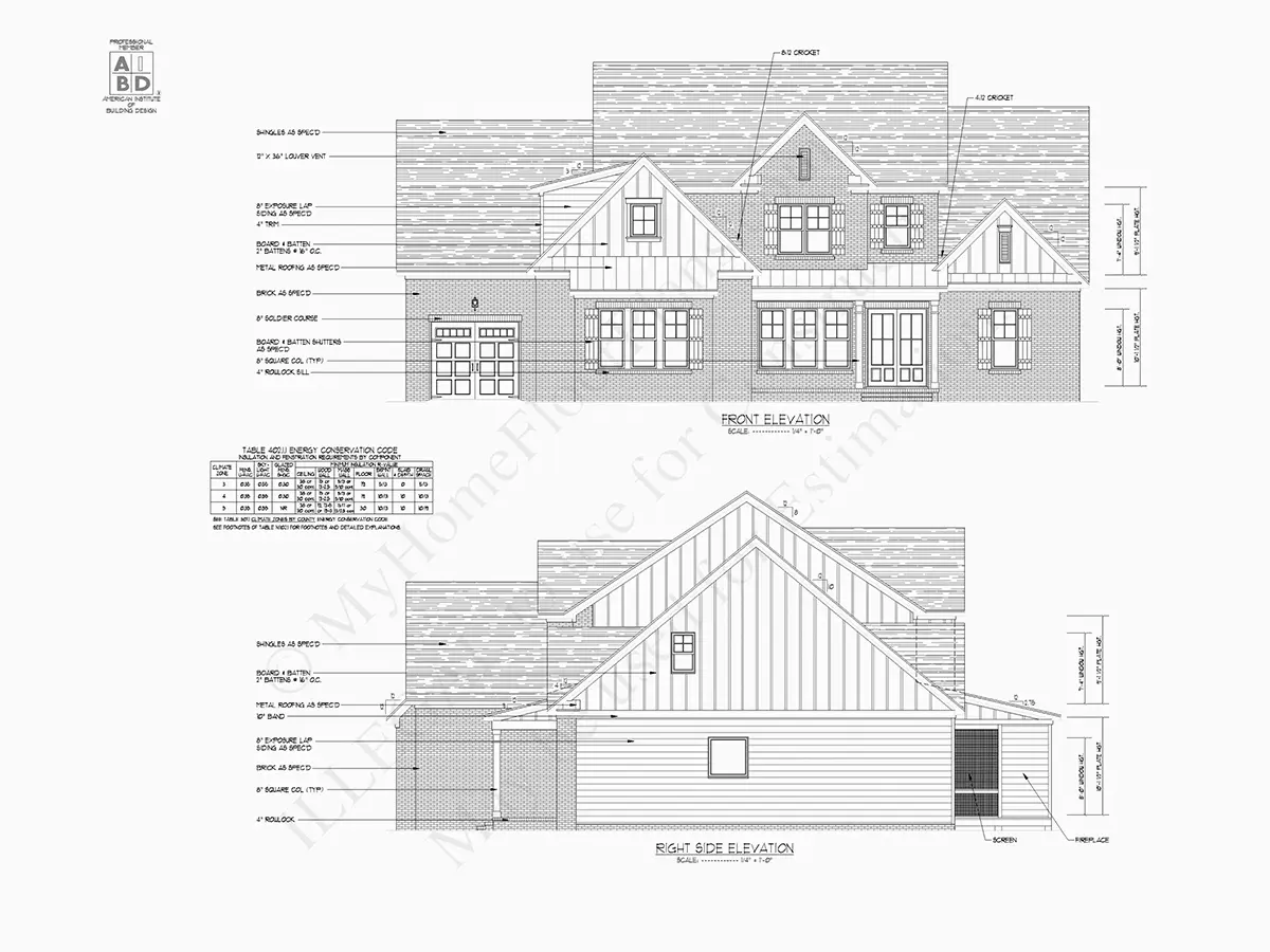 Exterior Elevations 1 – 1.5-Story House Plan 4446 ft²: 4 Beds, Home Office, 4 Baths, Open Floor Plan, 3-Car Garage — 46929R