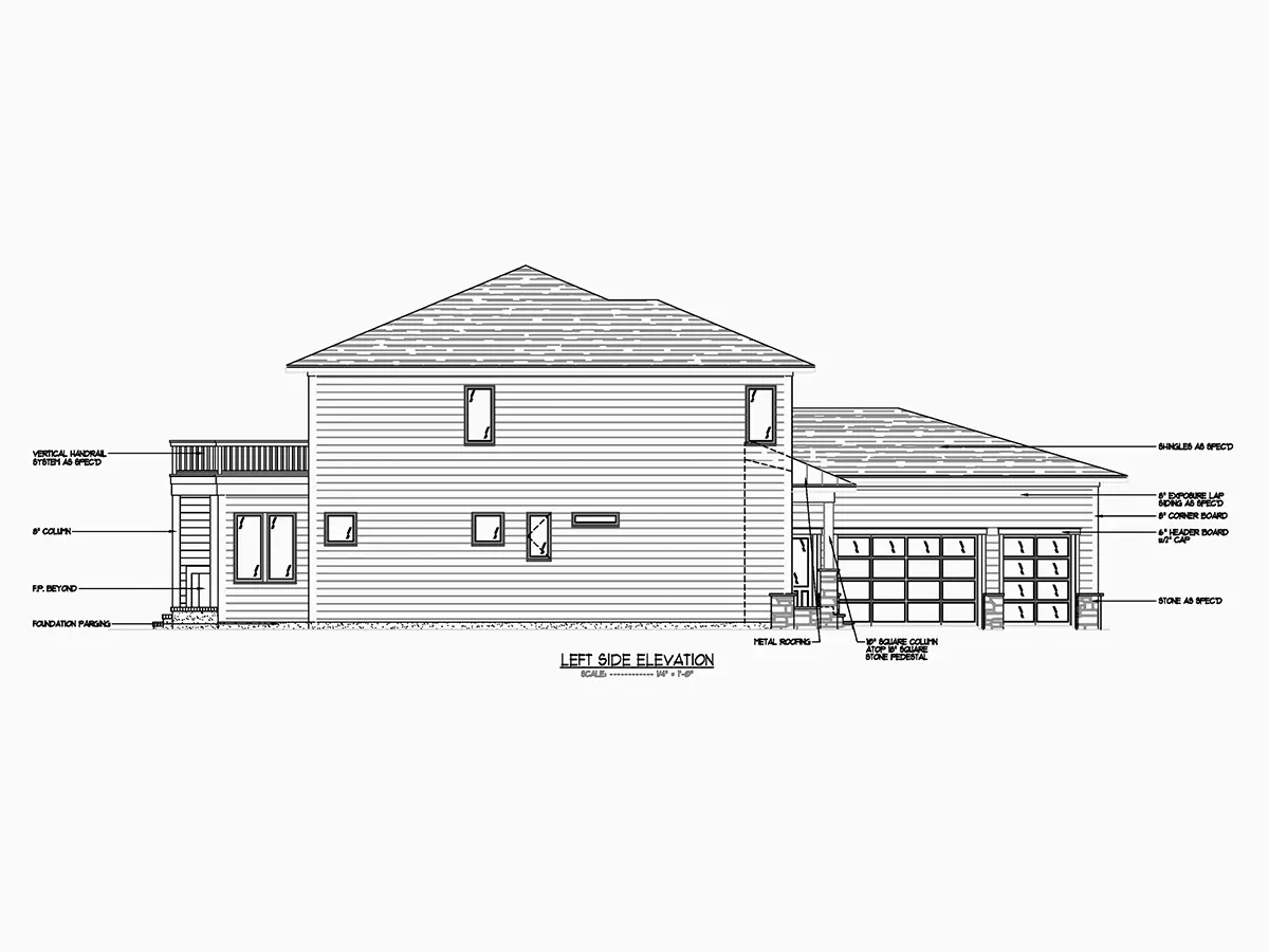 Exterior Elevations 9 – 2-Story House Plan 5204 ft²: 5 Beds, Home Office, 4.5 Baths, Open Floor Plan, 3-Car Garage — 22009R