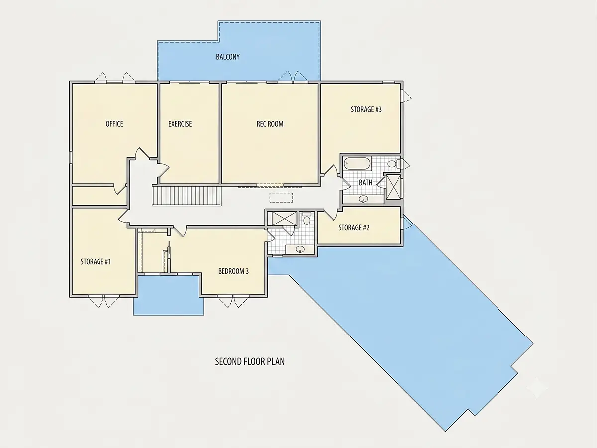 Second Floor 12 – 2-Story House Plan 5204 ft²: 5 Beds, Home Office, 4.5 Baths, Open Floor Plan, 3-Car Garage — 22009R