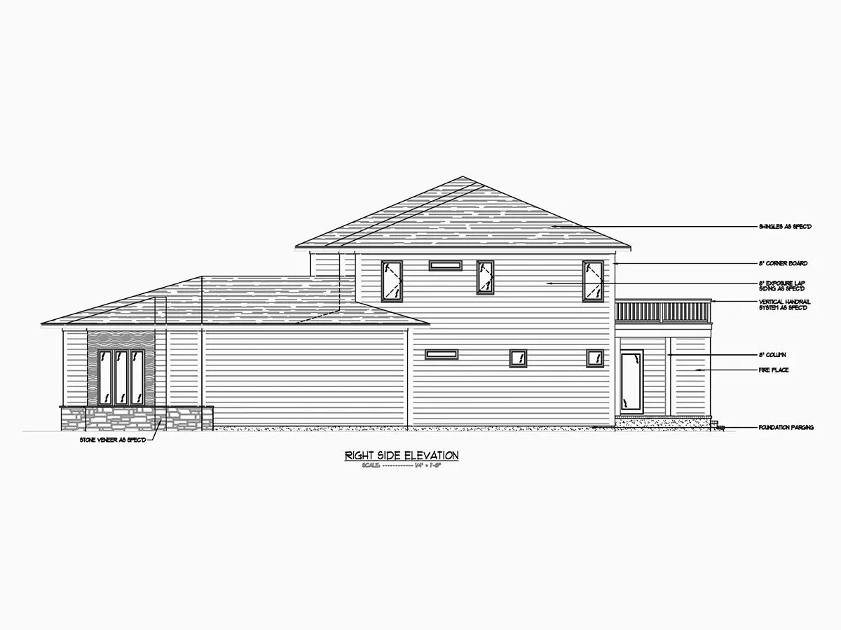 Exterior Elevations 8 – 2-Story House Plan 5204 ft²: 5 Beds, Home Office, 4.5 Baths, Open Floor Plan, 3-Car Garage — 22009R