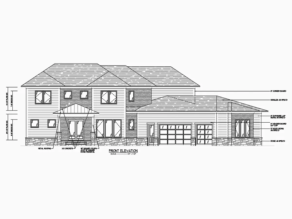 Exterior Elevations 7 – 2-Story House Plan 5204 ft²: 5 Beds, Home Office, 4.5 Baths, Open Floor Plan, 3-Car Garage — 22009R