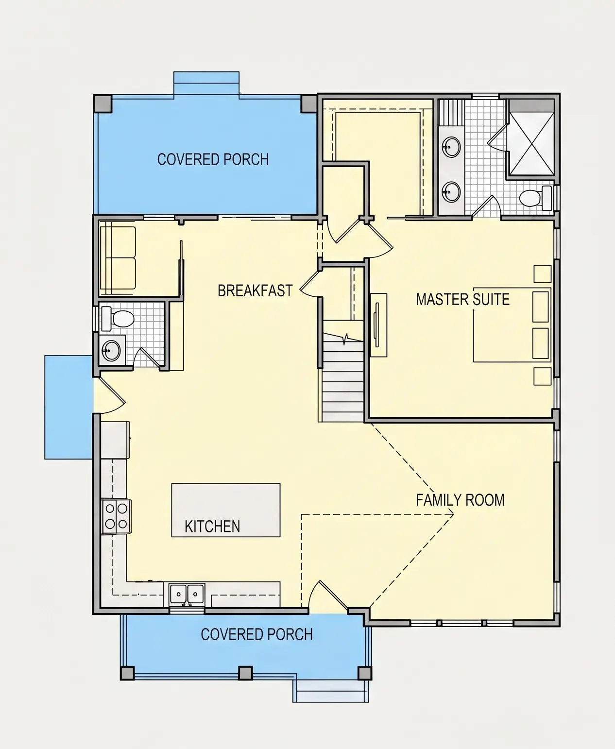 Main Floor 15 – 1.5-Story House Plan 1945 ft²: 4 Beds, 3.5 Baths, Open Floor Plan, without Garage — 89622R