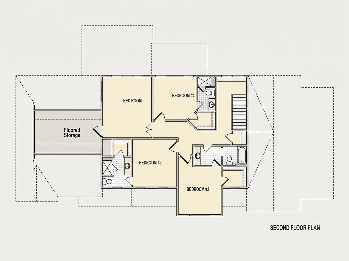 Second Floor 11 – 2-Story House Plan 4200 ft²: 4 Beds, Home Office, 5 Baths, Open Floor Plan, 3-Car Garage — 52212R