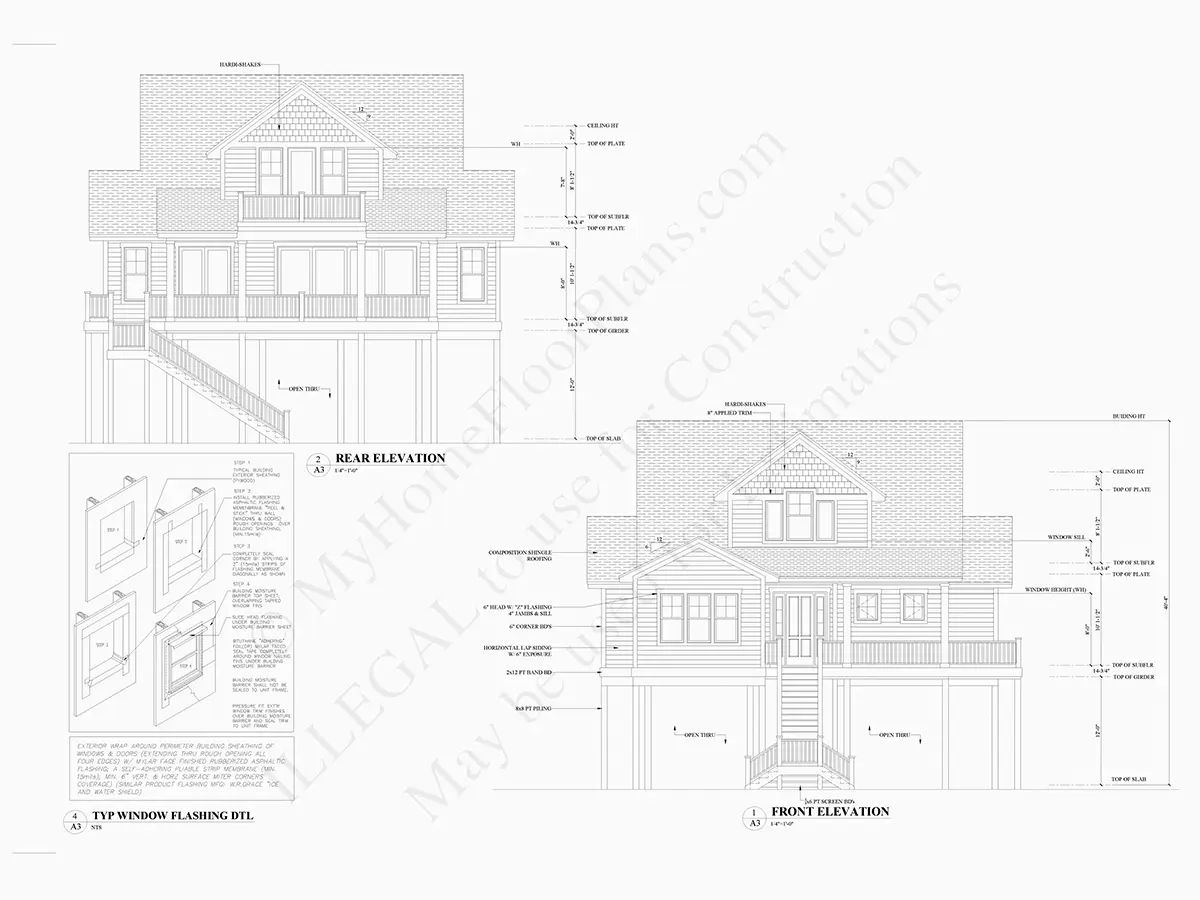 Exterior Elevations 7 – 3-Story House Plan 2789 ft²: 4 Beds, 3.5 Baths, Open Floor Plan, 2-Car Garage — 10609R