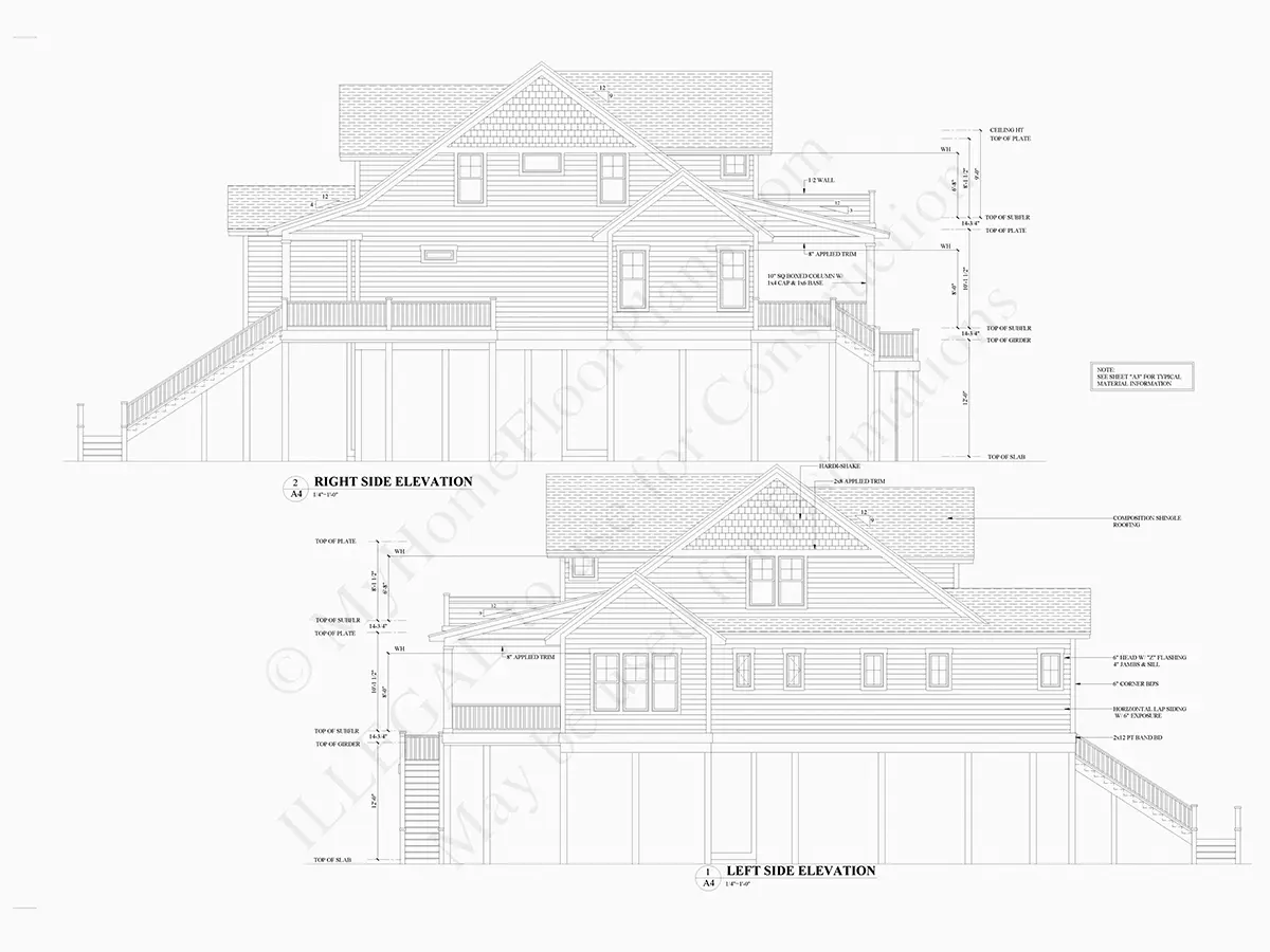 Exterior Elevations 8 – 3-Story House Plan 2789 ft²: 4 Beds, 3.5 Baths, Open Floor Plan, 2-Car Garage — 10609R
