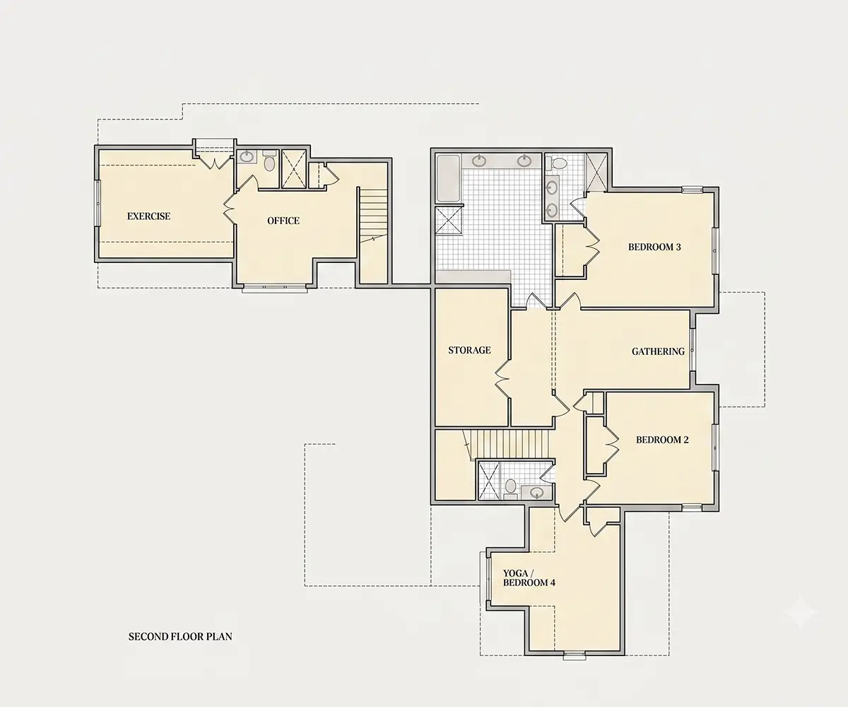 Second Floor 9 – 2-Story House Plan 4500 ft²: 4 Beds, Home Office, 4 Baths, Open Floor Plan, 4-Car Garage — 12065R