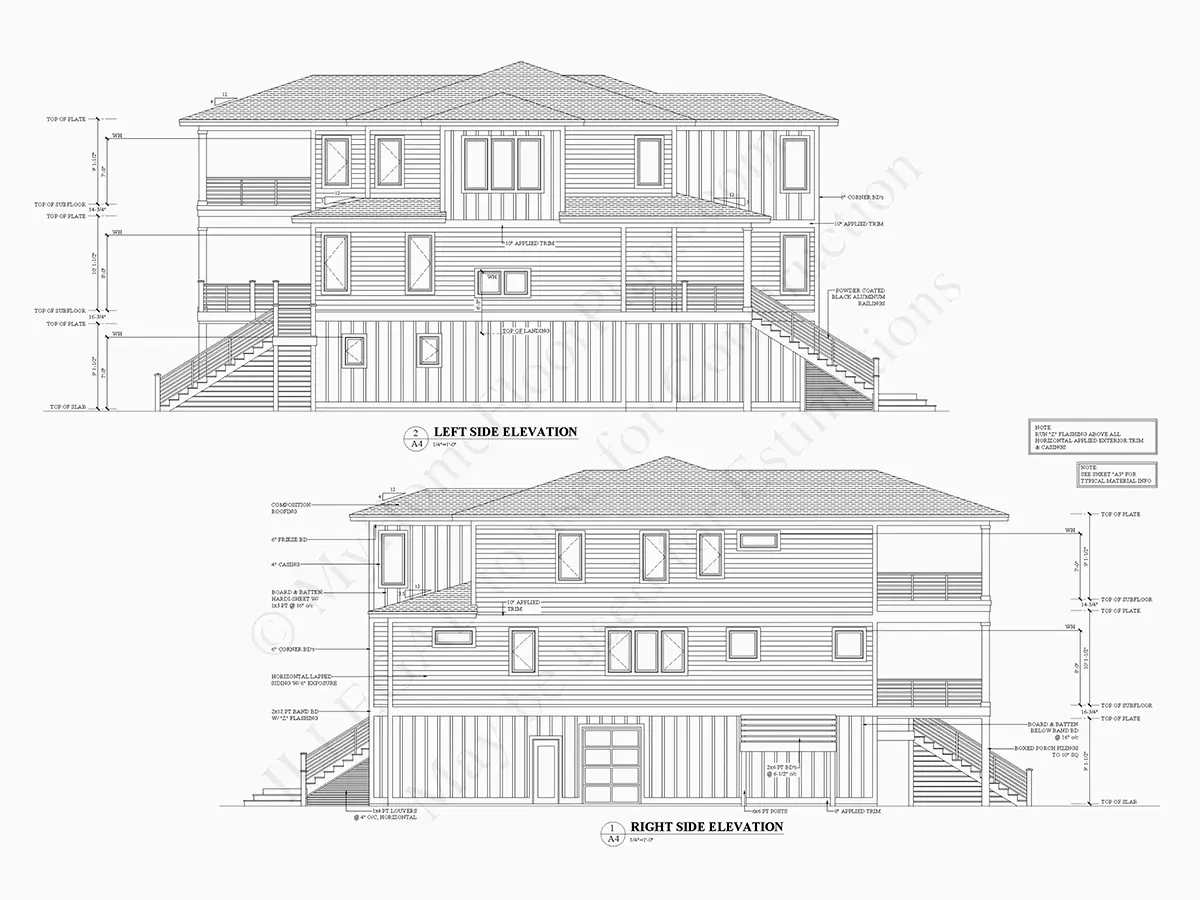 Exterior Elevations 8 – 3-Story House Plan 3275 ft²: 4 Beds, Home Office, 4.5 Baths, Open Floor Plan, 4-Car Garage — 34940R