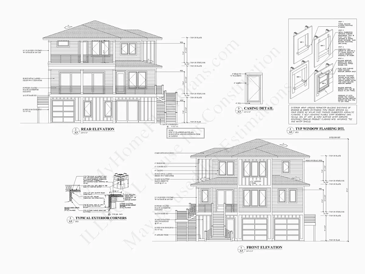 Exterior Elevations 7 – 3-Story House Plan 3275 ft²: 4 Beds, Home Office, 4.5 Baths, Open Floor Plan, 4-Car Garage — 34940R