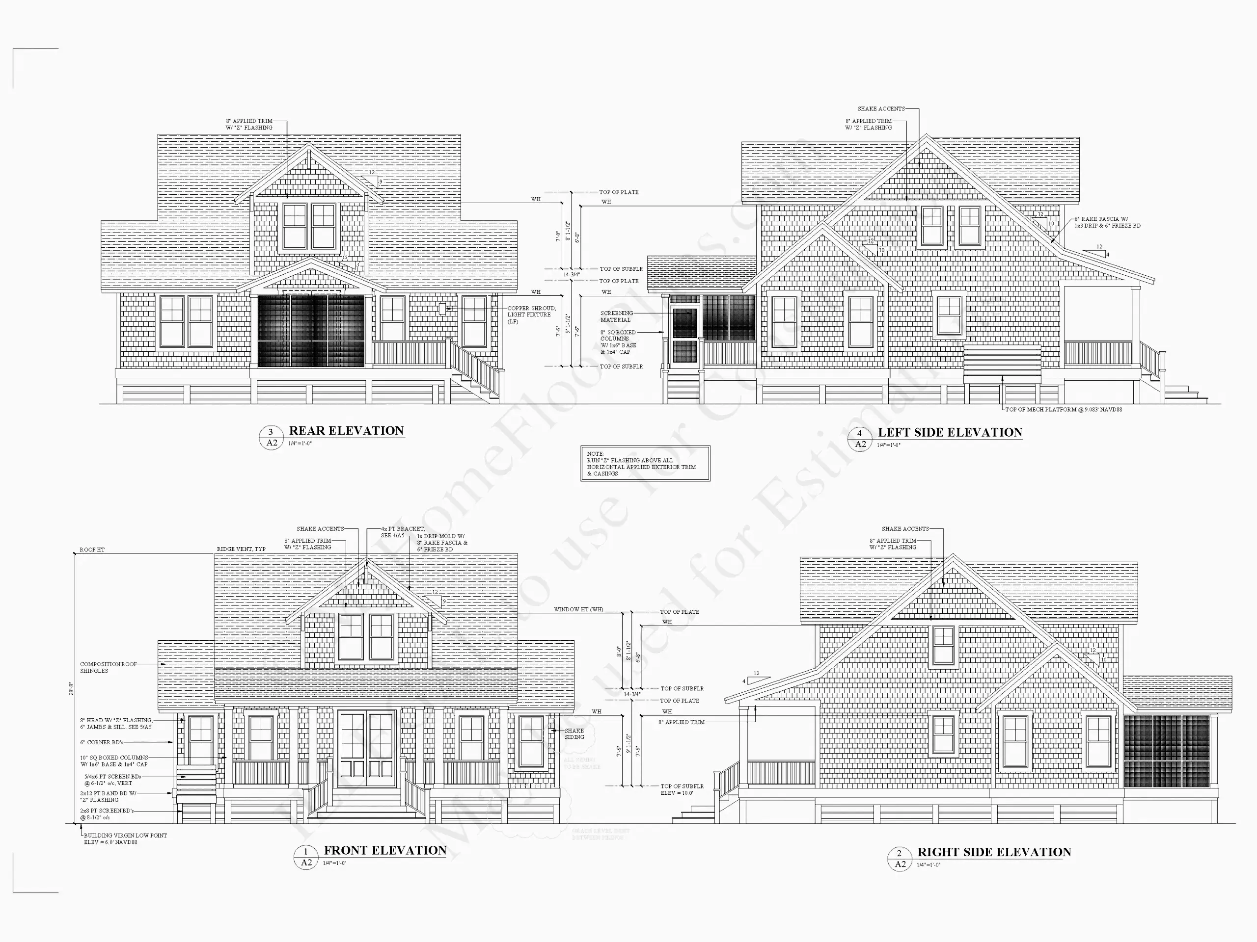 Exterior Elevations 19 – 1.5-Story House Plan 1695 ft²: 4 Beds, 3.5 Baths, without Garage — 82275R