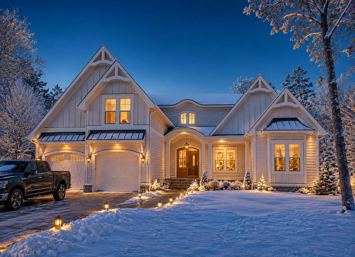 Main Images 3 – 1.5-Story House Plan 3371 ft²: 3 Beds, Home Office, 3.5 Baths, Open Floor Plan, 2-Car Garage — 90504R