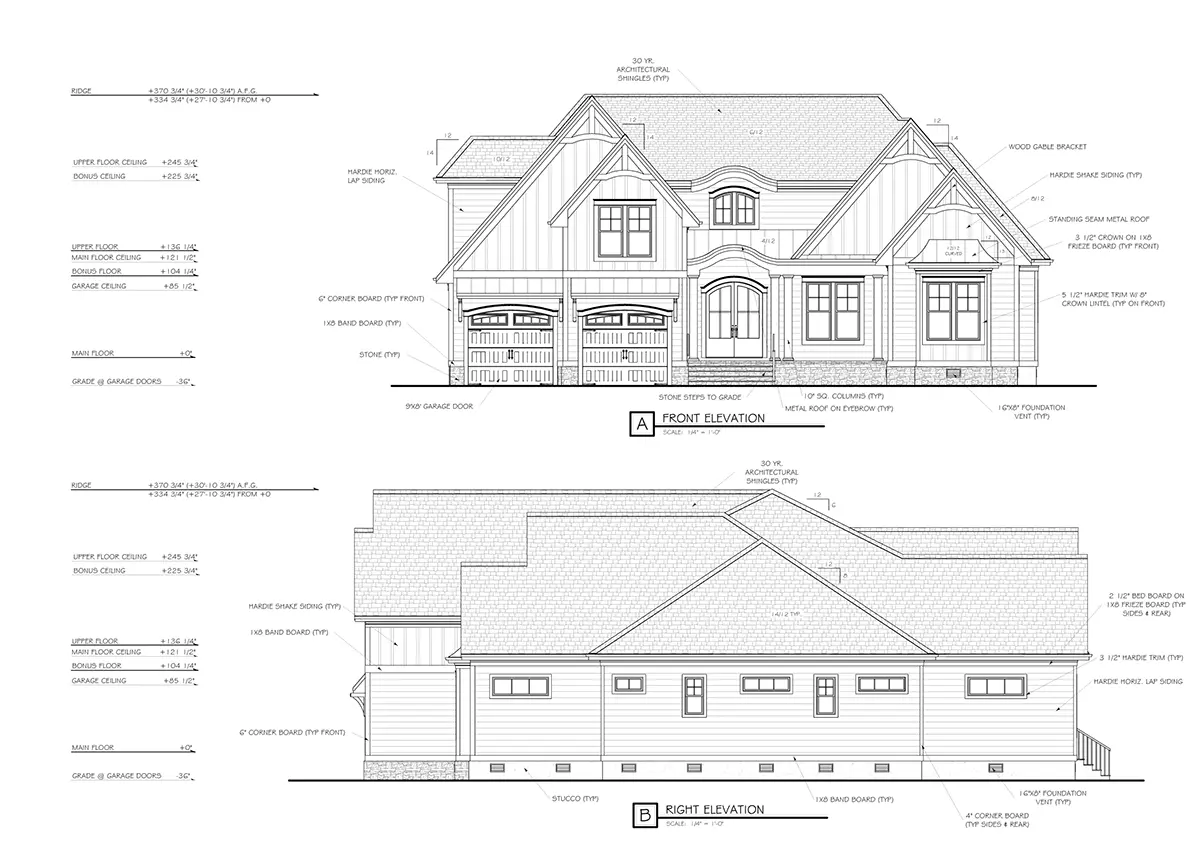 Exterior Elevations 14 – 1.5-Story House Plan 3371 ft²: 3 Beds, Home Office, 3.5 Baths, Open Floor Plan, 2-Car Garage — 90504R