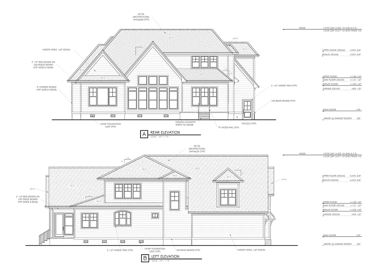 Exterior Elevations 15 – 1.5-Story House Plan 3371 ft²: 3 Beds, Home Office, 3.5 Baths, Open Floor Plan, 2-Car Garage — 90504R