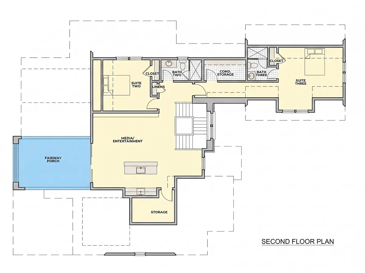 Second Floor 13 – 1.5-Story House Plan 3625 ft²: 3 Beds, 3.5 Baths, Open Floor Plan, 2-Car Garage — 14013R