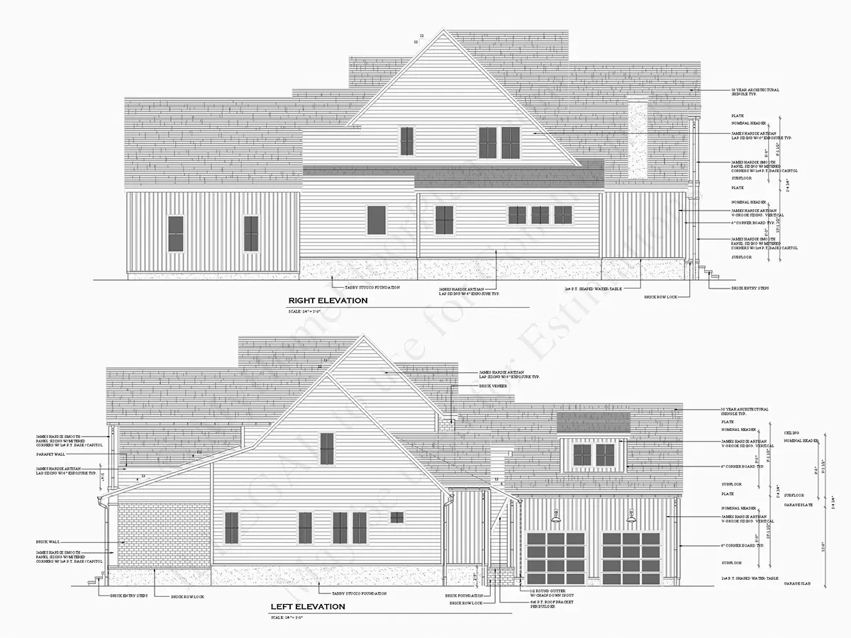 Exterior Elevations 11 – 1.5-Story House Plan 3625 ft²: 3 Beds, 3.5 Baths, Open Floor Plan, 2-Car Garage — 14013R