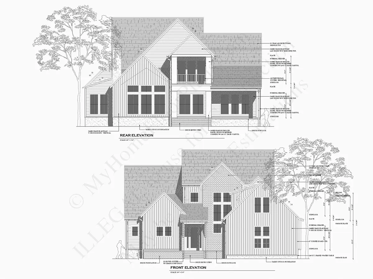Exterior Elevations 10 – 1.5-Story House Plan 3625 ft²: 3 Beds, 3.5 Baths, Open Floor Plan, 2-Car Garage — 14013R