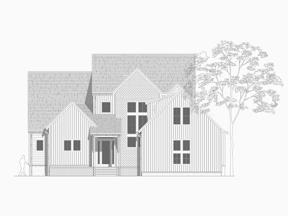 Exterior Elevations 9 – 1.5-Story House Plan 3625 ft²: 3 Beds, 3.5 Baths, Open Floor Plan, 2-Car Garage — 14013R
