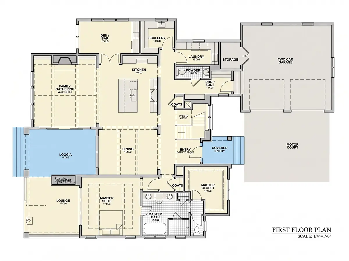 Main Floor 12 – 1.5-Story House Plan 3625 ft²: 3 Beds, 3.5 Baths, Open Floor Plan, 2-Car Garage — 14013R