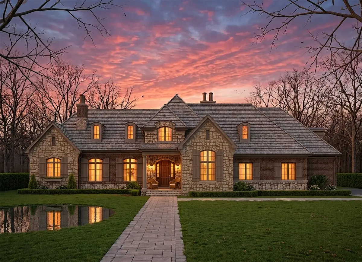1.5-Story House Plan 6811 ft²: 4 Beds, Home Office, 5 Baths, Open Floor Plan, 3-Car Garage