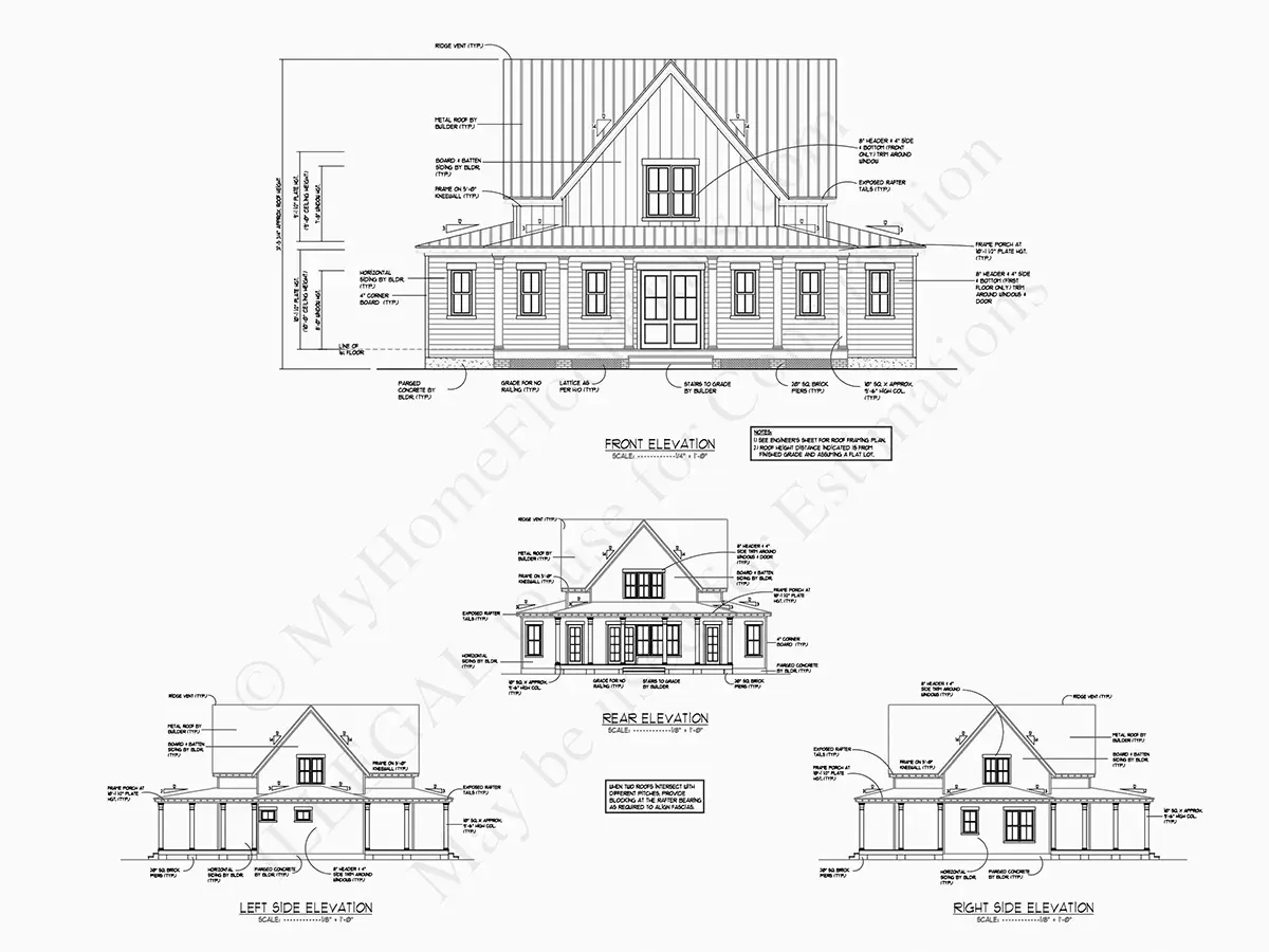 Exterior Elevations 5 – 1.5-Story House Plan 2449 ft²: 4 Beds, 2.5 Baths, Open Floor Plan, without Garage — 80236R