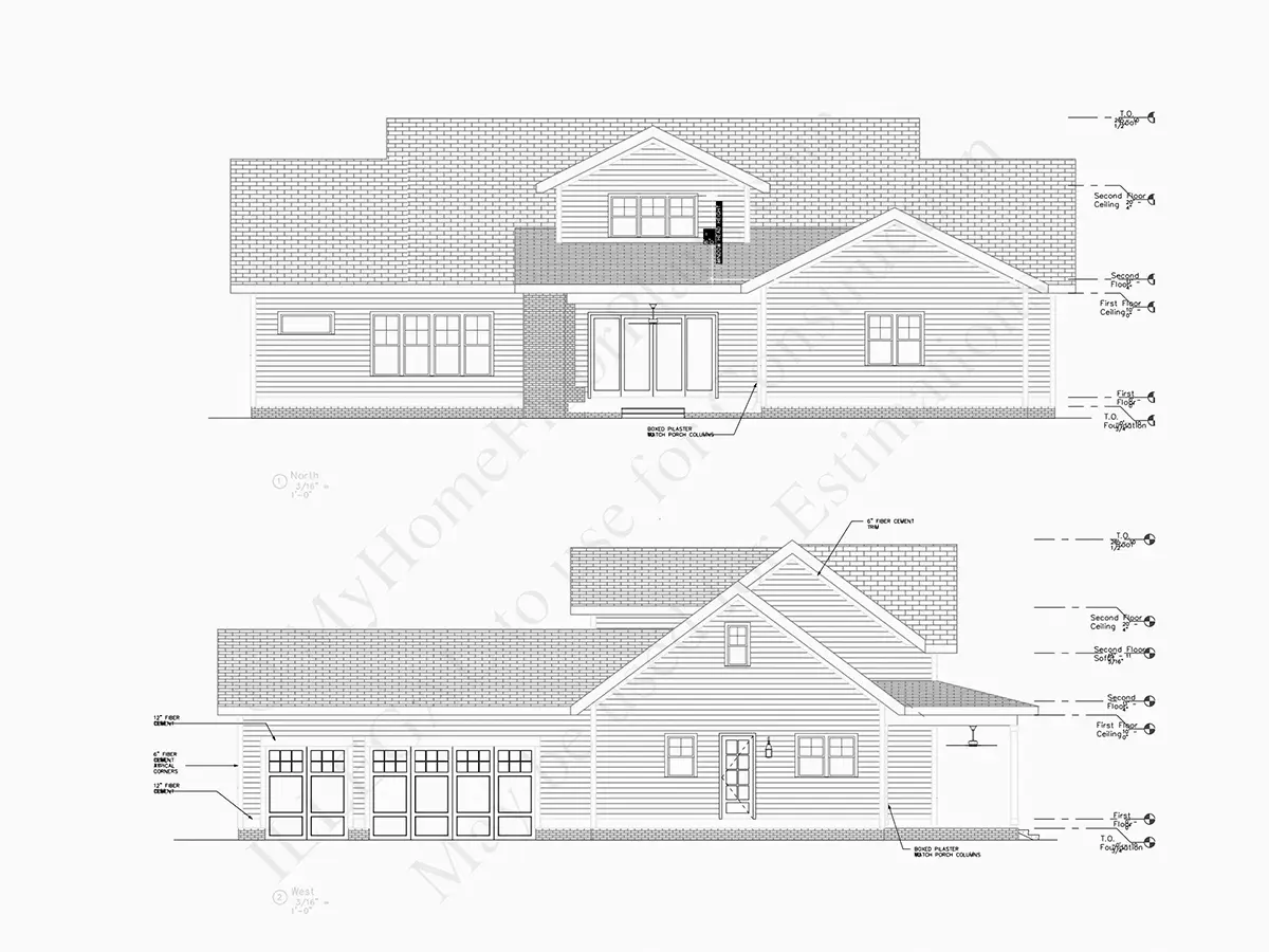 Exterior Elevations 7 – 1.5-Story House Plan 3669 ft²: 4 Beds, Home Office, 4.5 Baths, Open Floor Plan, 3-Car Garage — 36061R