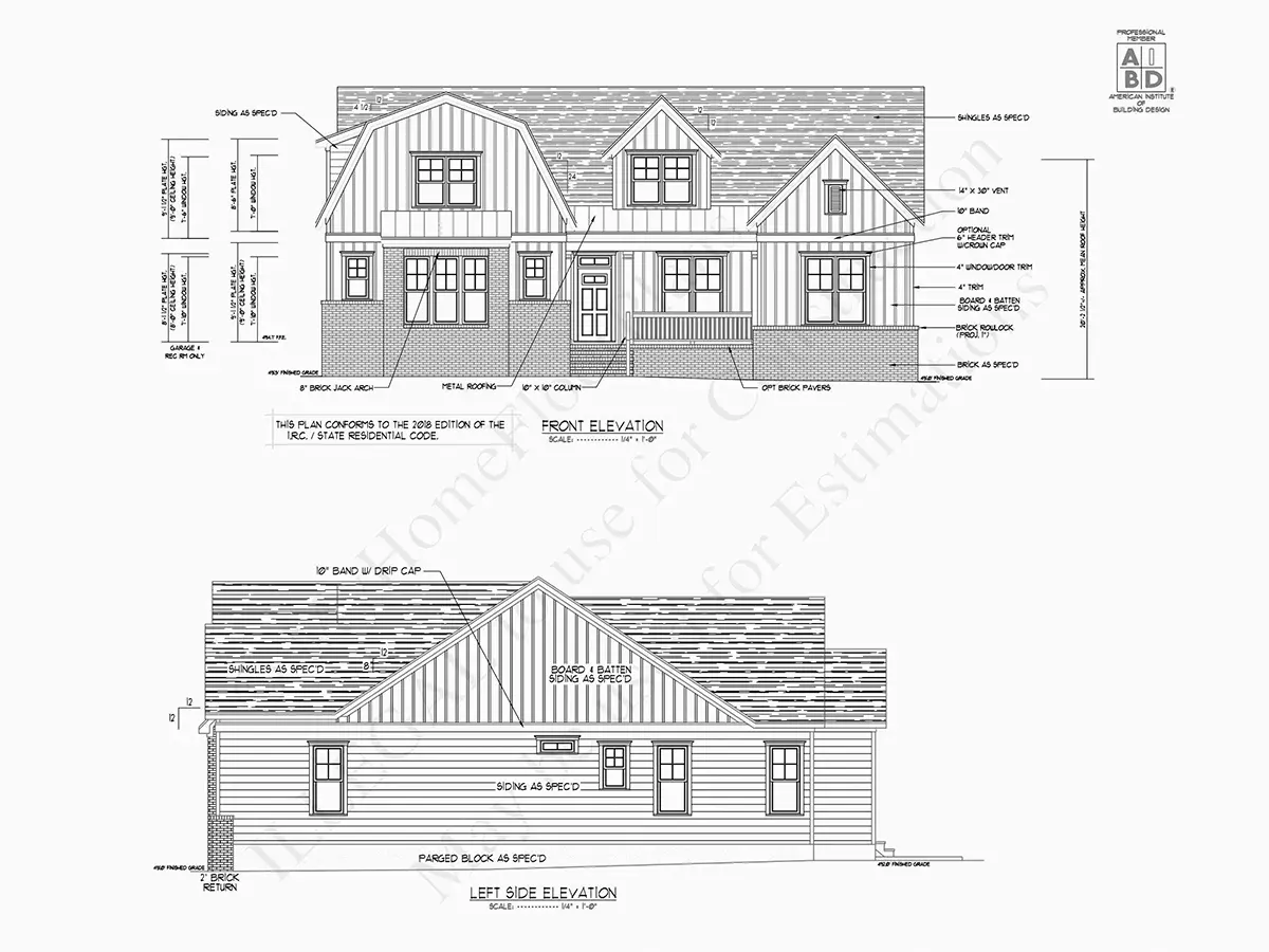 Exterior Elevations 20 – 1.5-Story House Plan 3062 ft²: 4 Beds, 3.5 Baths, Open Floor Plan, 2-Car Garage — 97890R